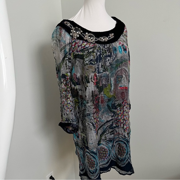 Boho Sheer Printed Tunic Dress • Embellished Neckline • Sequin Detail L - Picture 5 of 8